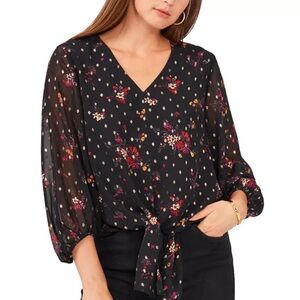Vince Camuto balloon sleeve floral print tie front Blouse Black XL
